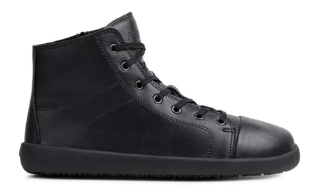 Black high-top barefoot boot with lace-up front and rounded toe on a flat sole.