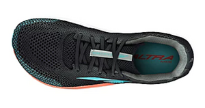 Black Altra men's Escalante Racer 2 running shoe with teal and orange accents, mesh upper, and reflective strip on laces.
