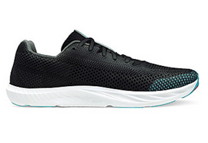 Black mesh Altra Escalante Racer 2 running shoe with white sole and subtle teal accents.