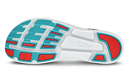 White sneaker sole with turquoise and red rubber traction pads and textured grip pattern.