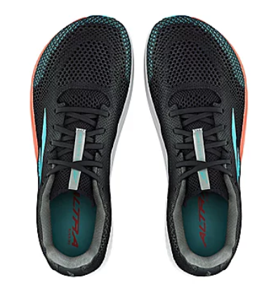 Black Altra Escalante Racer 2 running shoes with breathable mesh upper and teal interior lining.