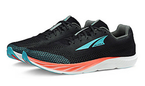Black Altra Escalante Racer 2 running shoes with teal logo and coral midsole accents.