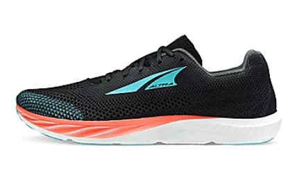 Black mesh running shoe with teal logo, coral and white sole, low-cut design.
