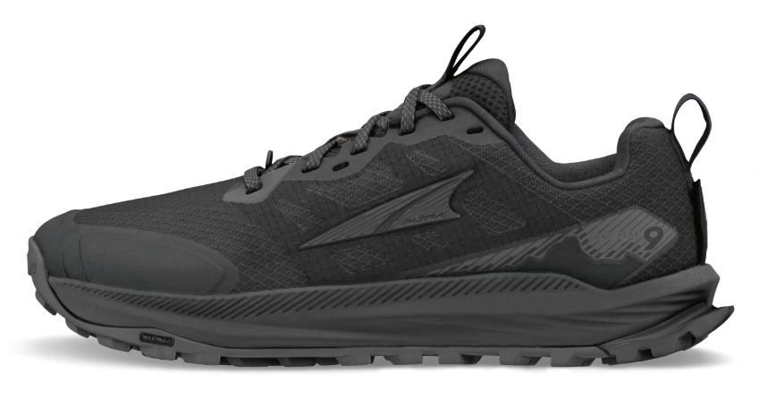 Black Altra Lone Peak 9 Wide men's trail running shoe with breathable mesh and rugged sole.