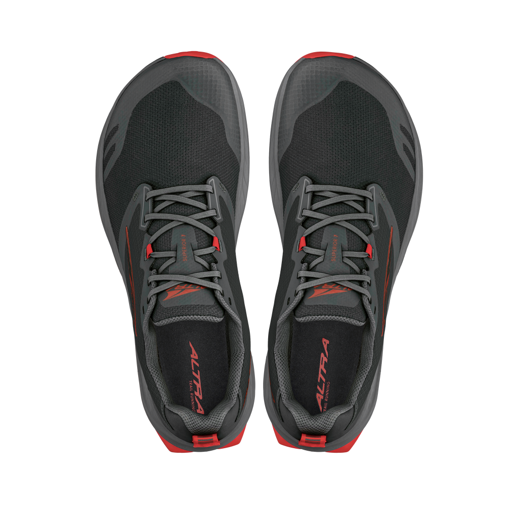 Black and gray Altra Men's Superior 7 running shoes with gray laces and red logo accents, top view.