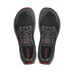 Black and gray Altra Men's Superior 7 running shoes with gray laces and red logo accents, top view.