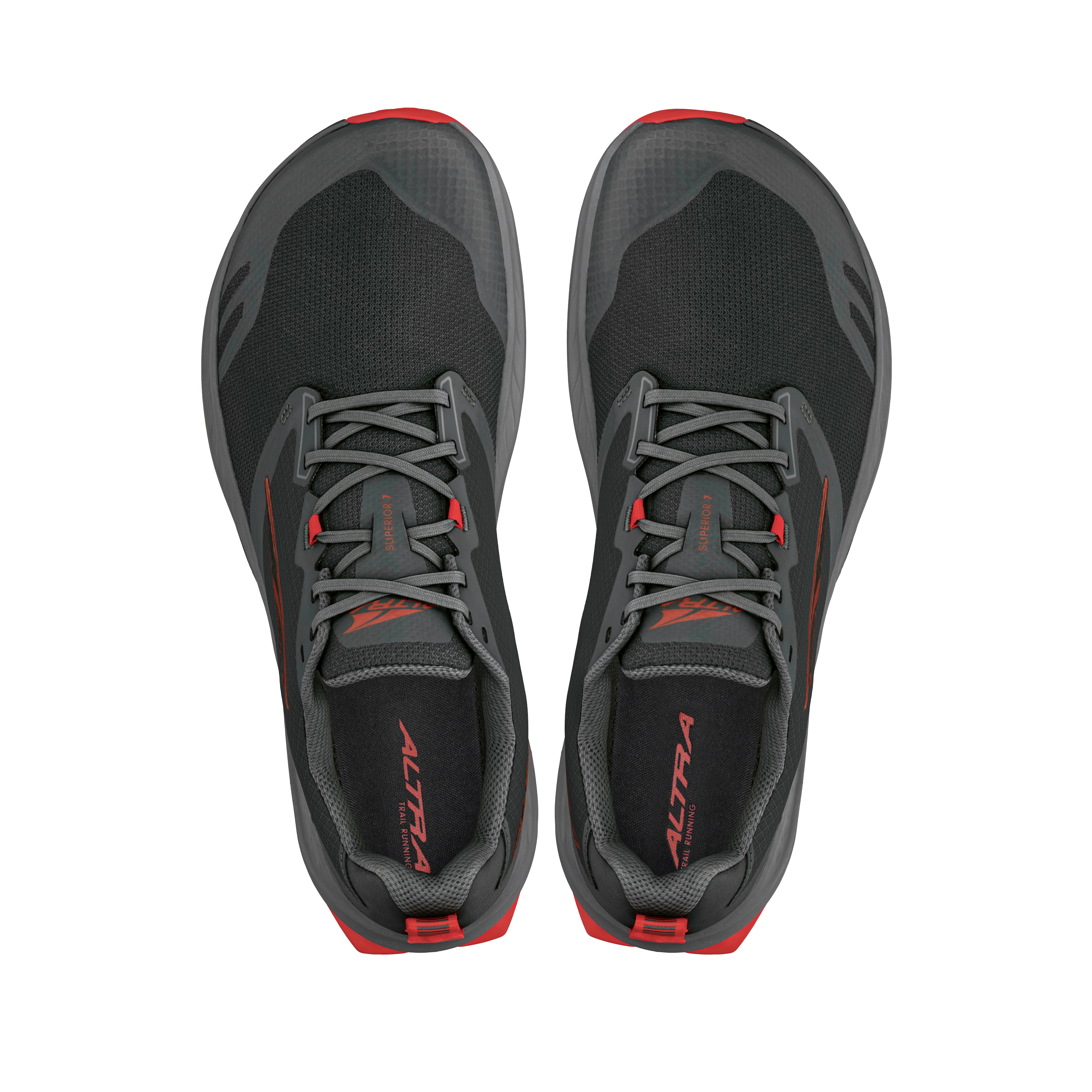 Black and gray Altra Men's Superior 7 running shoes with gray laces and red logo accents, top view.