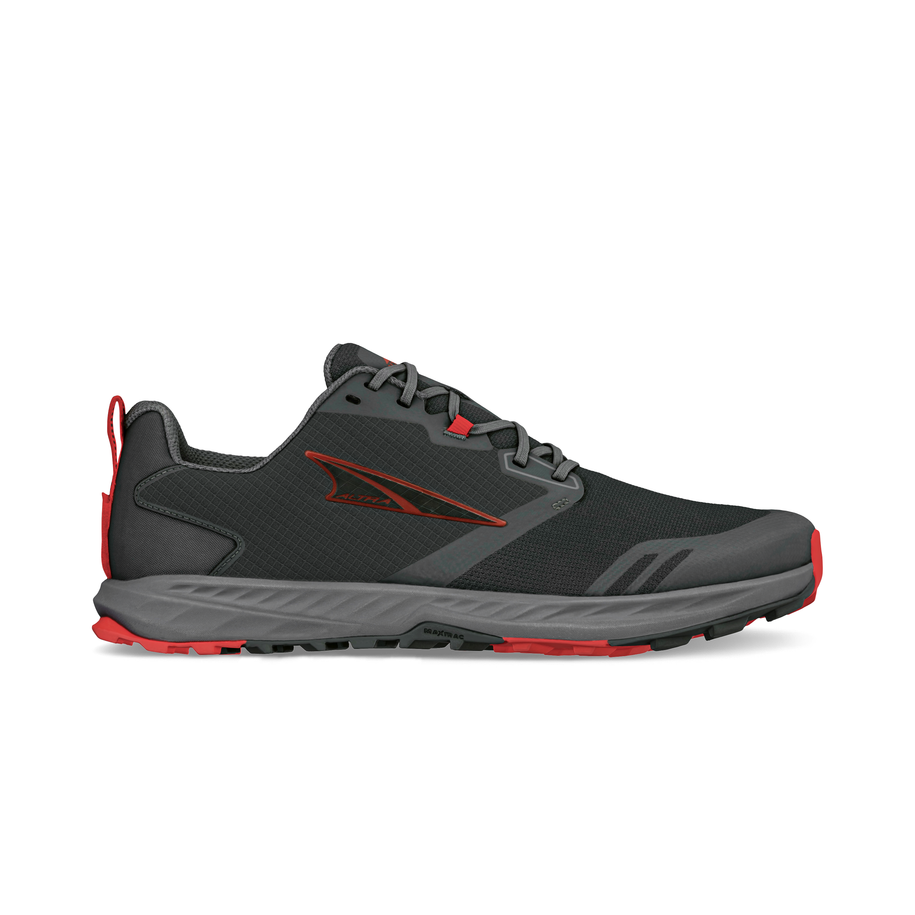 Black and gray Altra Superior 7 men's trail running shoe with red accents and logo.