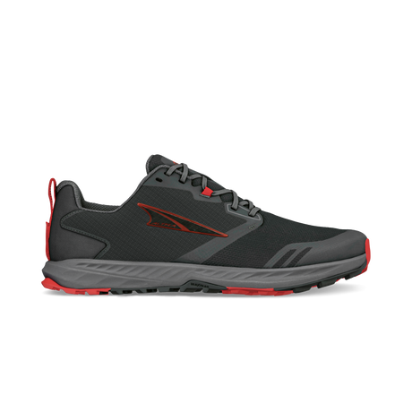 Black and gray Altra Superior 7 men's trail running shoe with red accents and logo.