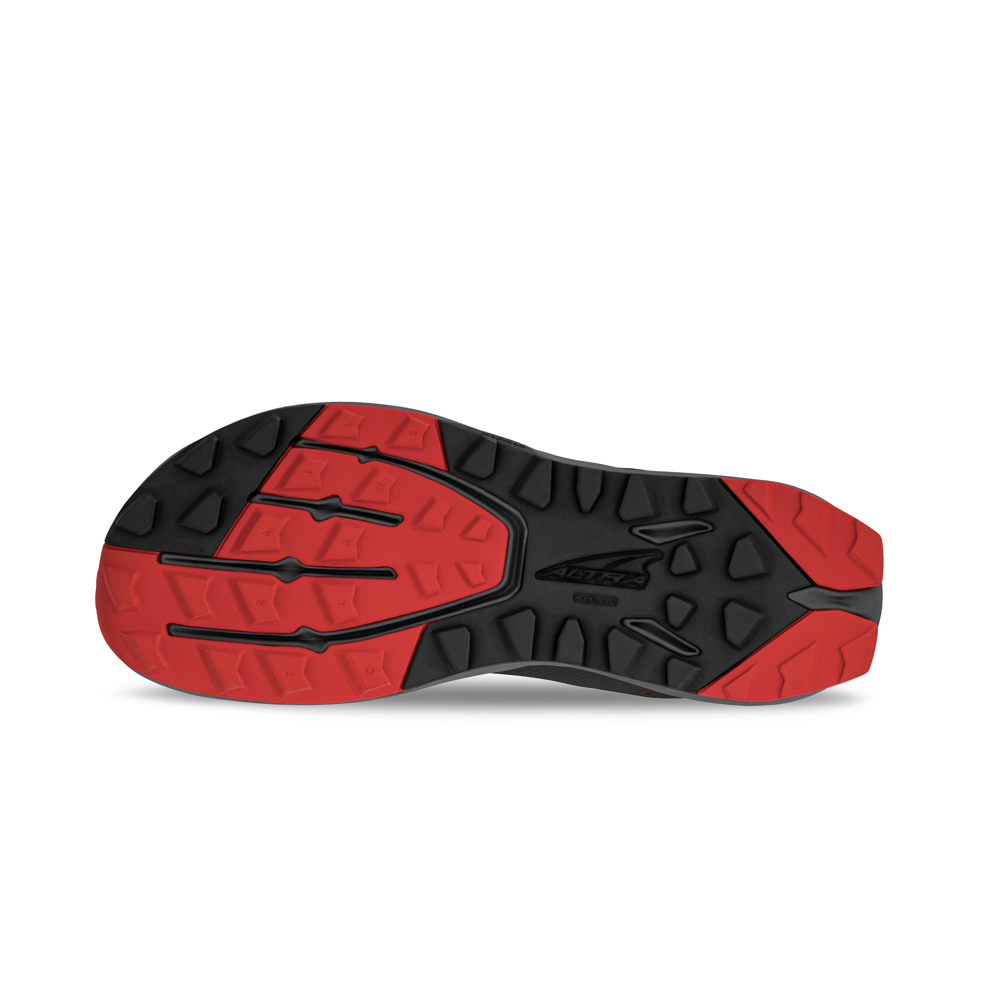 Black and red athletic shoe sole with multidirectional tread pattern and textured grip areas.