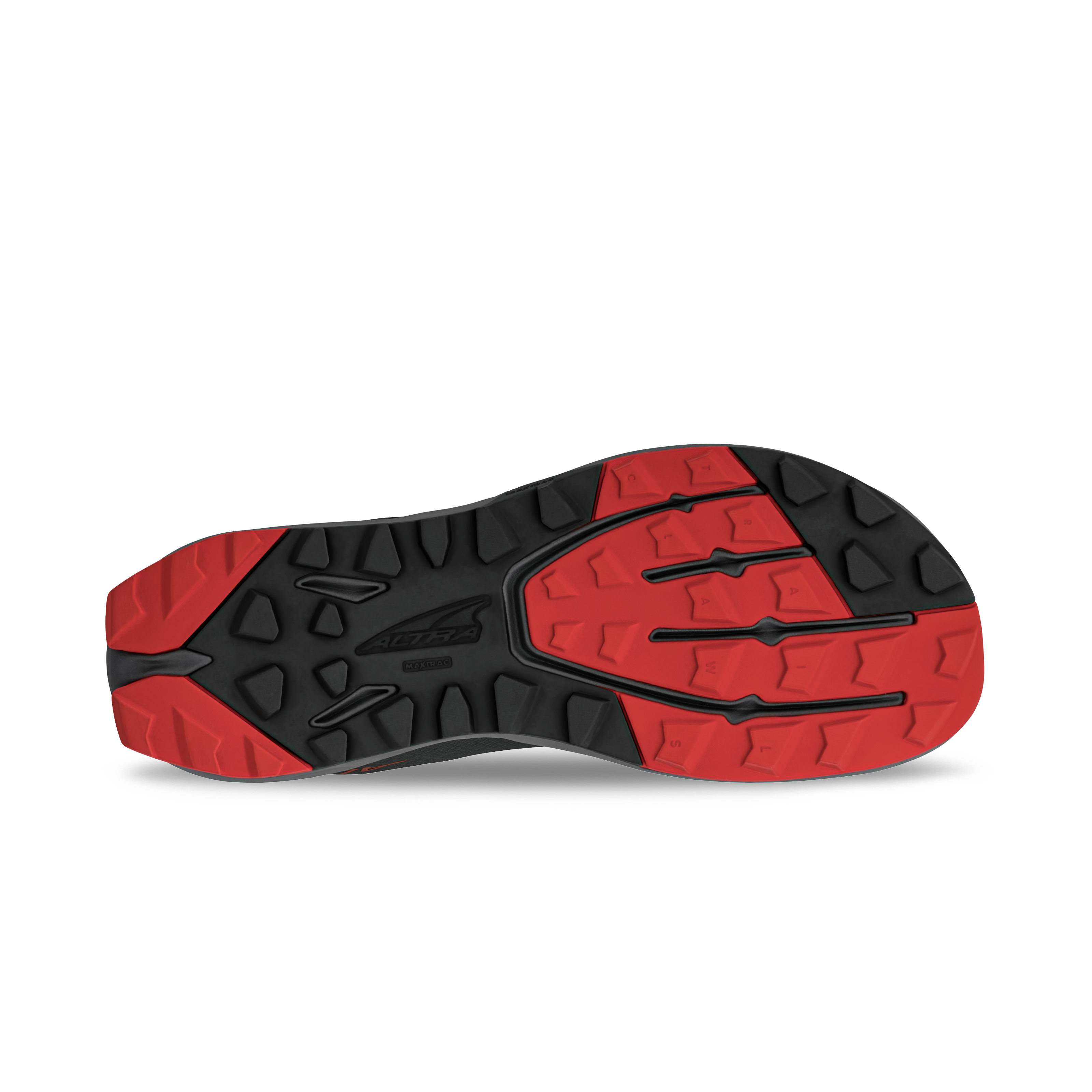 Black and red rugged outsole tread with deep grooves for traction on Altra Superior 7 shoes.