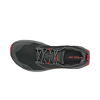 Black and gray athletic running shoe with red accents and Altra logo on tongue and insole.