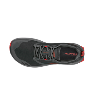 Black and gray athletic running shoe with red accents and Altra logo on tongue and insole.