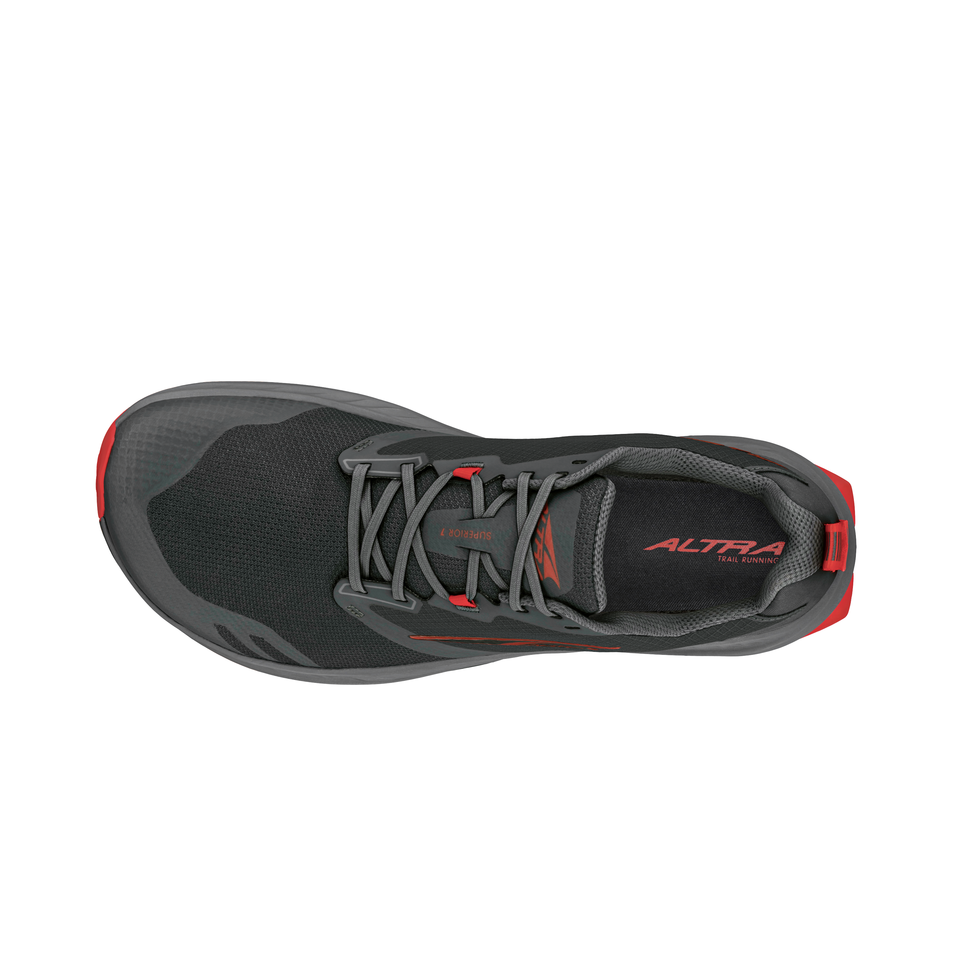 Black and gray athletic running shoe with red accents and Altra logo on tongue and insole.