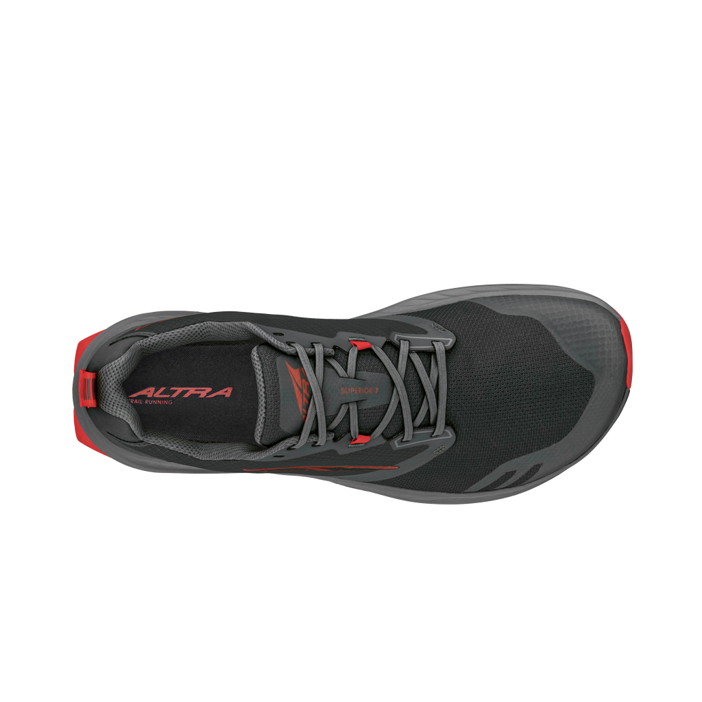 Black and gray Altra Superior 7 athletic shoe with gray laces and red logo accents, top view.