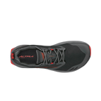Black and gray Altra Superior 7 athletic shoe with gray laces and red logo accents, top view.
