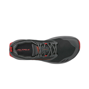 Black and gray Altra Superior 7 athletic shoe with gray laces and red logo accents, top view.