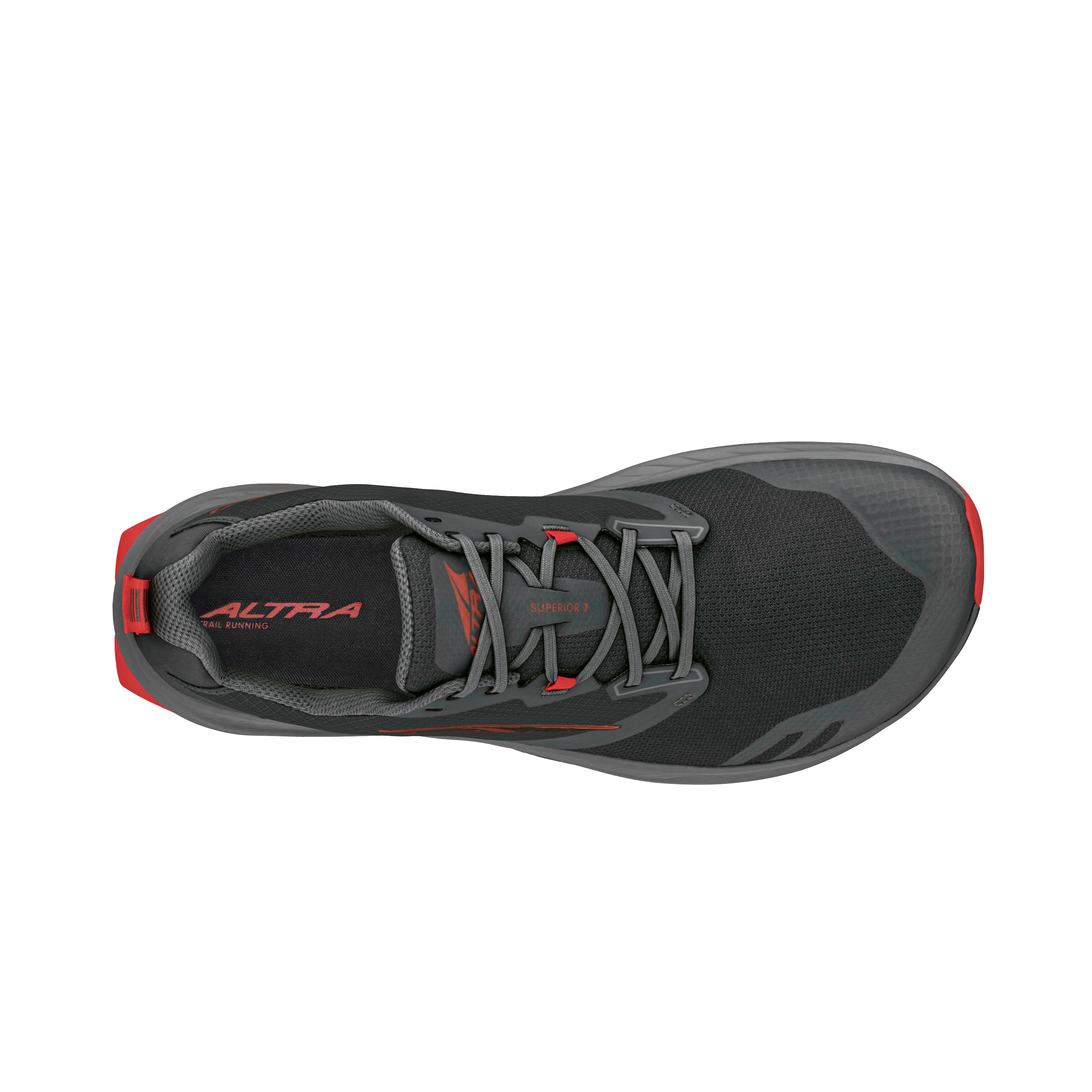 Black and gray Altra Superior 7 athletic shoe with gray laces and red logo accents, top view.