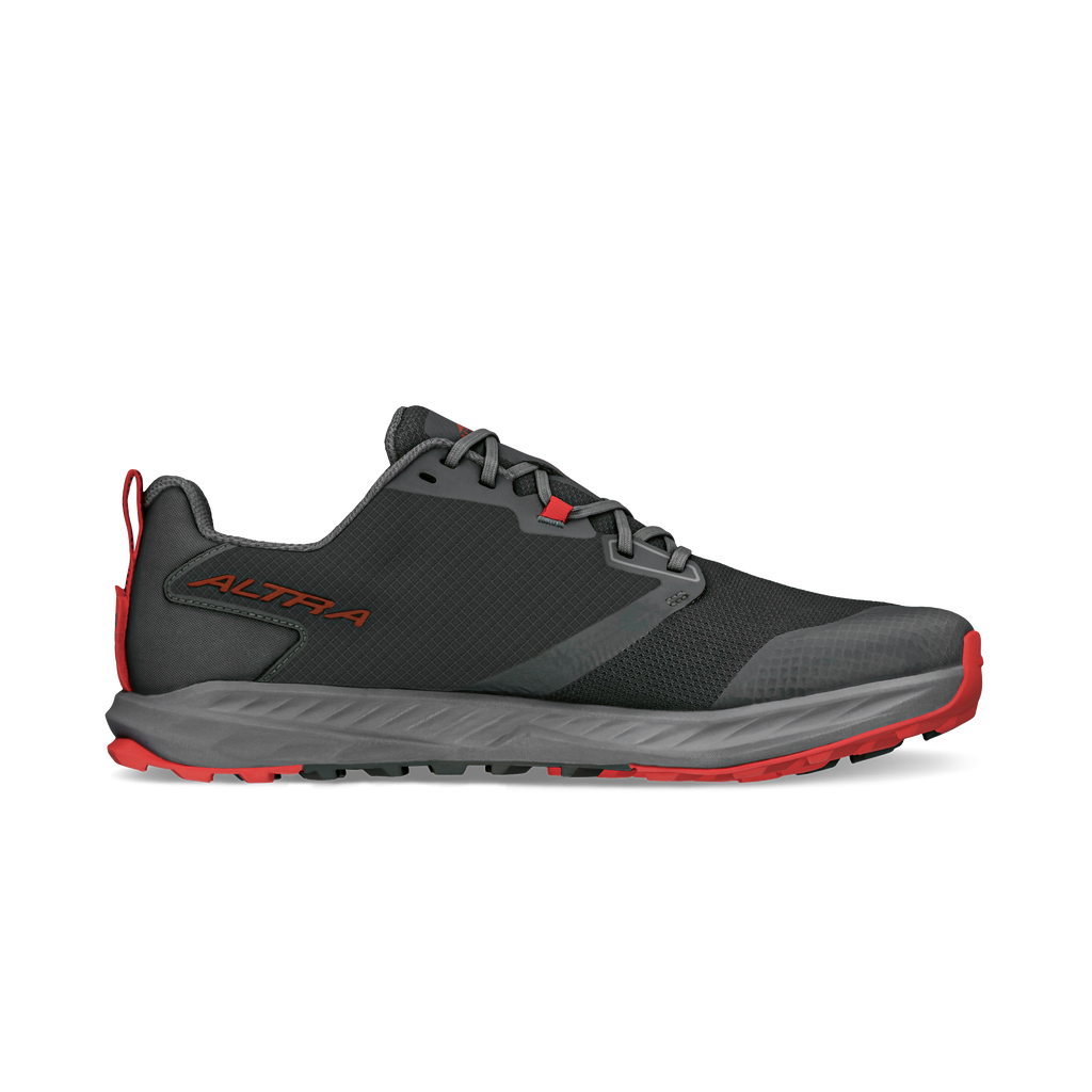 Black and gray Altra Superior 7 athletic shoe with red accents and cushioned sole.
