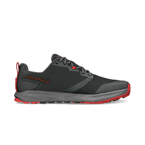 Black and gray Altra Superior 7 athletic shoe with red accents and cushioned sole.