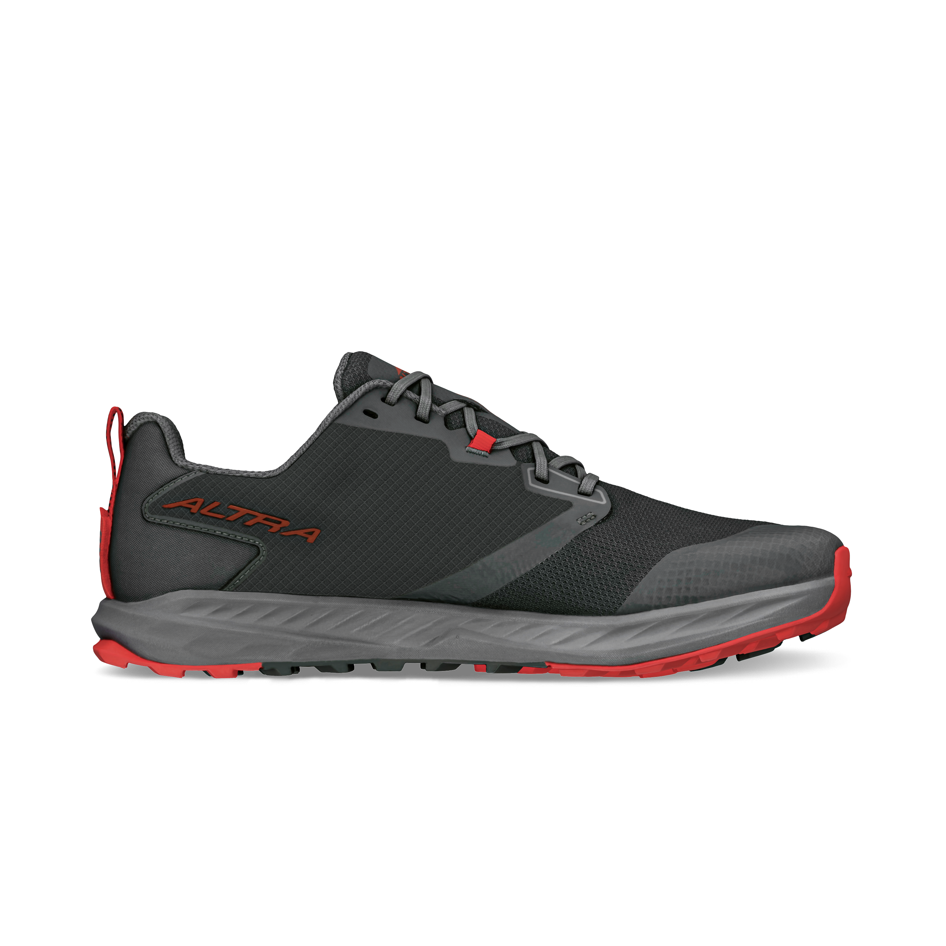 Black and gray Altra Superior 7 athletic shoe with red accents and cushioned sole.