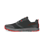 Black and gray Altra Superior 7 athletic shoe with red accents and durable trail sole.