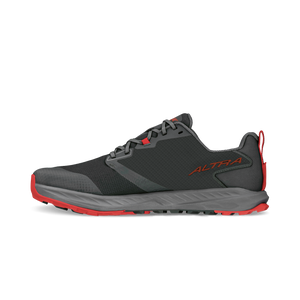 Black and gray Altra Superior 7 athletic shoe with red accents and durable trail sole.
