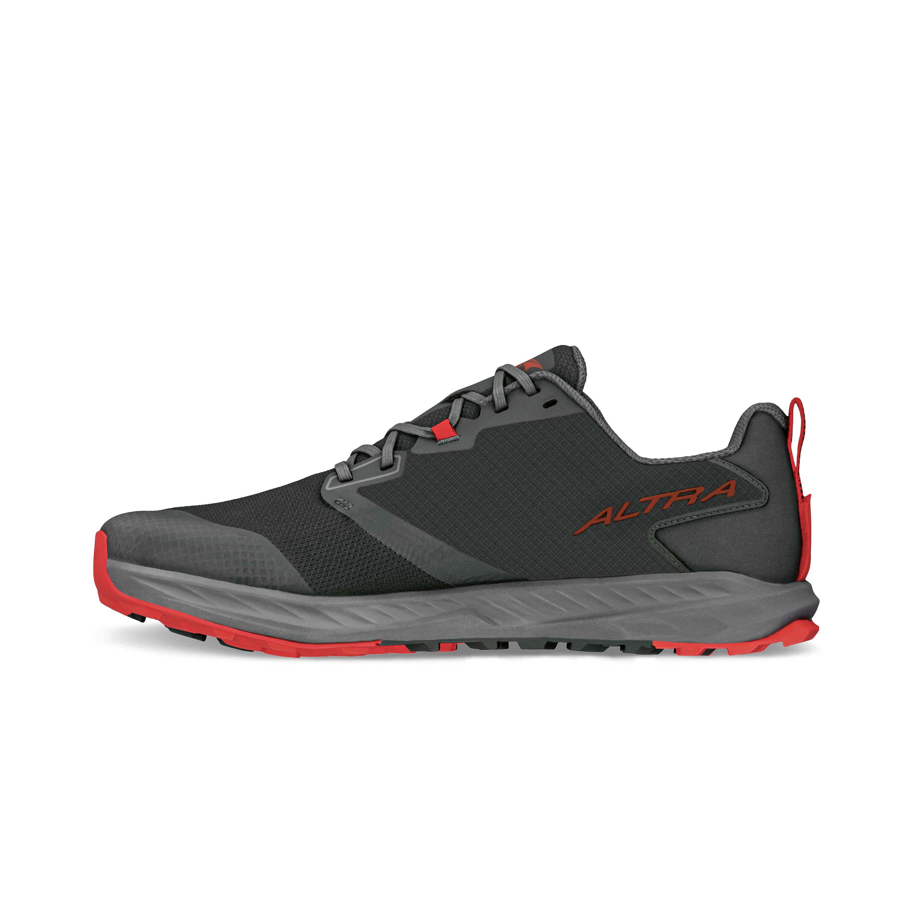 Black and gray Altra Superior 7 athletic shoe with red accents and durable trail sole.