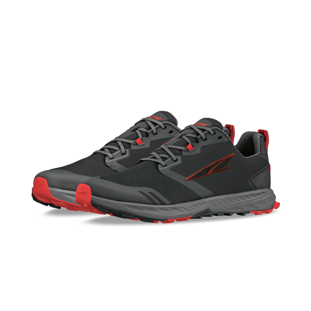 Black and gray Altra Superior 7 athletic shoes with red accents and rugged soles.