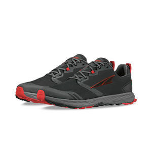 Black and gray Altra Superior 7 athletic shoes with red accents and rugged soles.