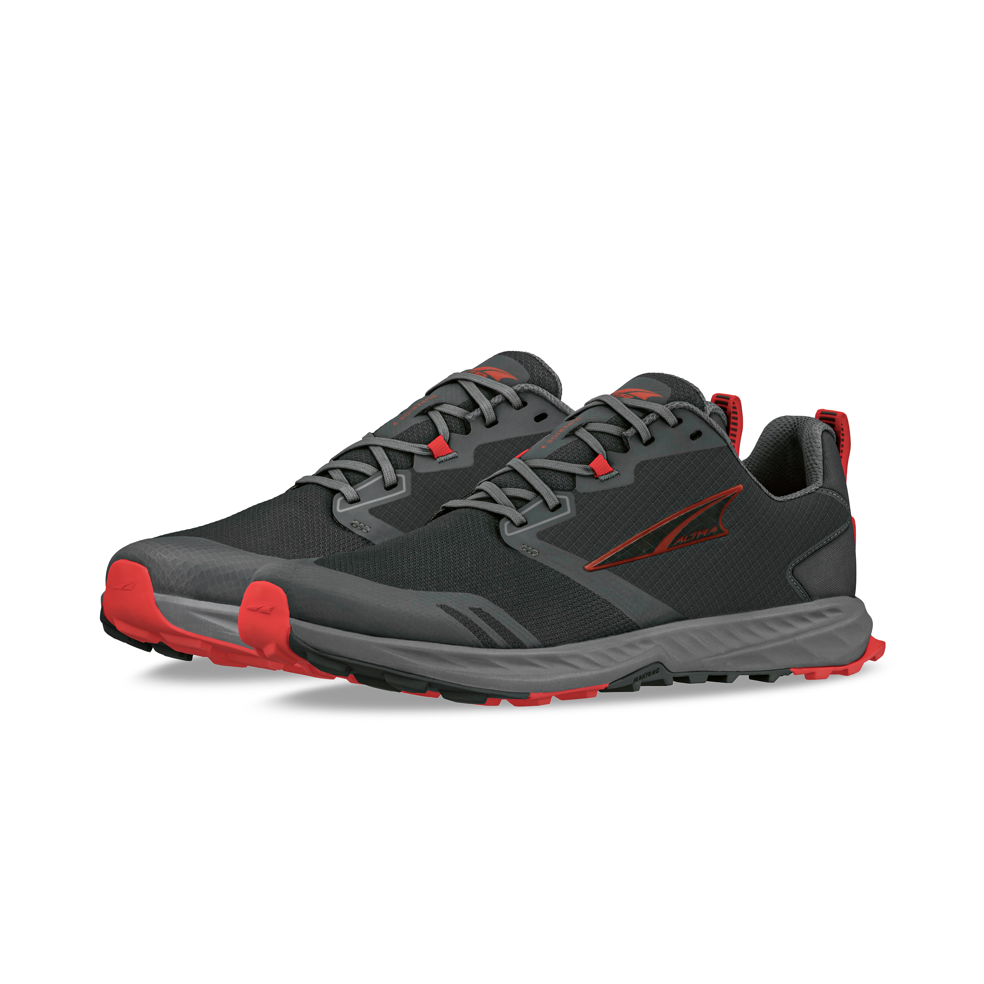 Black and gray Altra Superior 7 athletic shoes with red accents and rugged soles.