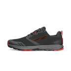 Black and gray athletic running shoe with red accents and cushioned sole.