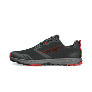 Black and gray athletic running shoe with red accents and cushioned sole.