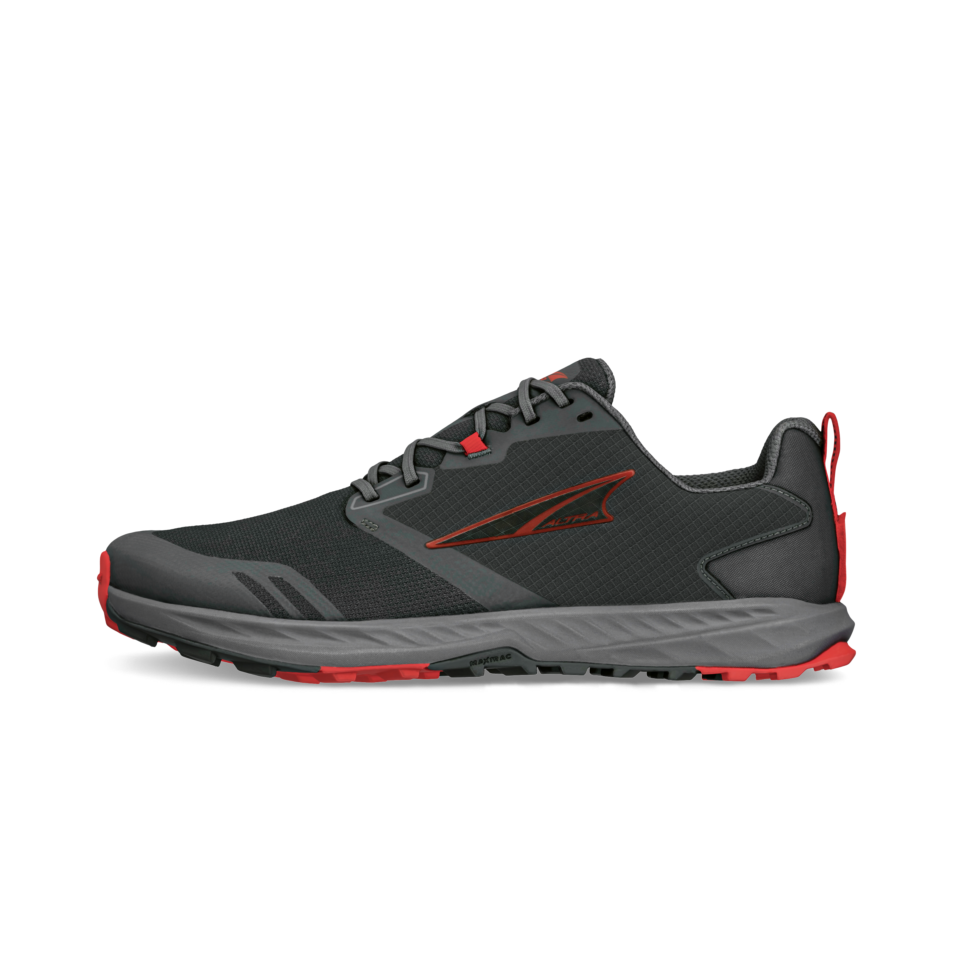 Black and gray athletic running shoe with red accents and cushioned sole.