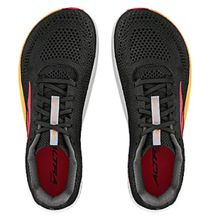 Black Altra Escalante Racer 2 running shoes with breathable mesh upper and orange accents.