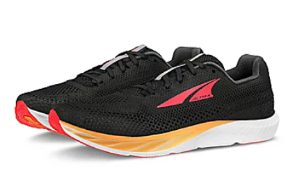 Black Altra Escalante Racer 2 running shoes with pink logo and orange-white sole.