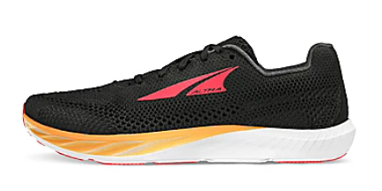 Black Altra Women's Escalante Racer 2 running shoe with red logo and white sole with orange accents.