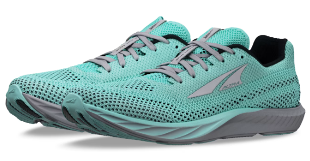 Teal mesh running shoes with gray Altra logo, gray laces, and cushioned gray sole.