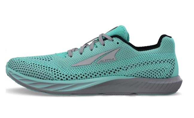 Teal mesh Altra Women's Escalante Racer 2 running shoe with gray logo and black collar lining.
