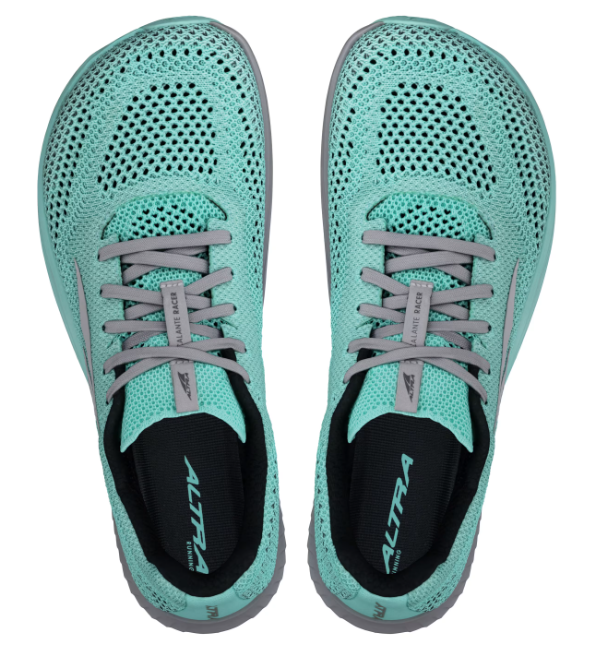 Teal Altra women's Escalante Racer 2 running shoes with breathable mesh upper and gray laces, top view.