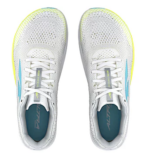 White mesh Altra Women's Escalante Racer 2 running shoes with light blue and neon yellow accents.