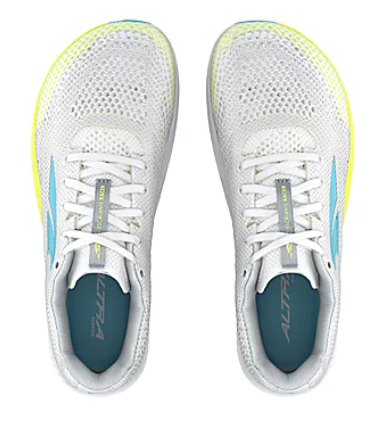 White mesh Altra Women's Escalante Racer 2 running shoes with light blue and neon yellow accents.