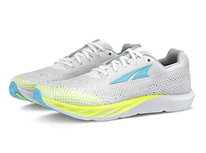 White breathable mesh running shoes with blue logo and neon yellow sole accents.