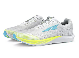 White breathable mesh running shoes with blue logo and neon yellow sole accents.