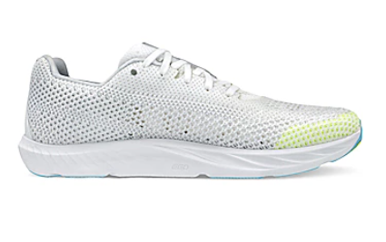 White Altra Escalante Racer 2 women's running shoe with breathable mesh upper and yellow toe detail.