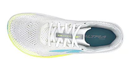 White Altra Escalante Racer 2 running shoe with mesh upper and teal insole viewed from above.