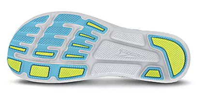 White athletic shoe sole with blue and neon yellow rubber traction pads and textured grip patterns.