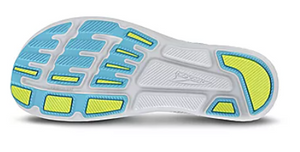 White athletic shoe sole with blue and neon yellow rubber traction pads and textured grip patterns.