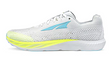 White Altra Escalante Racer 2 sneaker with light blue logo, breathable mesh upper, and yellow sole accents.