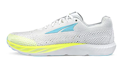 White Altra Escalante Racer 2 sneaker with light blue logo, breathable mesh upper, and yellow sole accents.